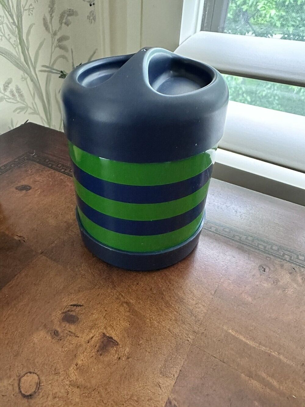 Pottery Barn Kids Thermos Green Strips Hot Cold 10 oz & Foldup Spoon in Lid PBK